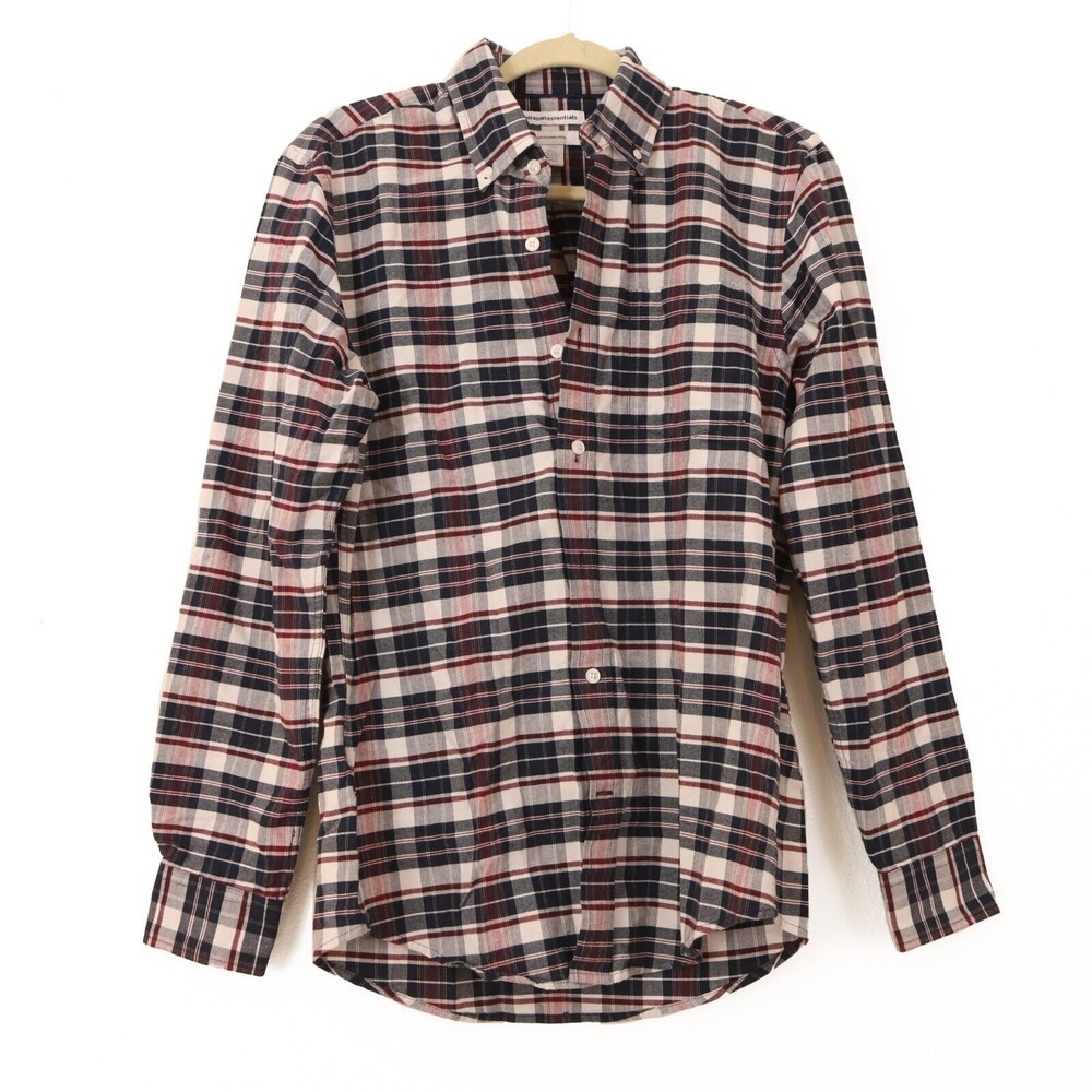Essentials Mens Slim Fit Oxford Shirt S Long Sleeve Navy White Plaid NEW B8